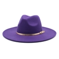 Top view of deep purple wool fedora hat with elegant gold buckle and thin leather belt - M (56-58cm) / Purple