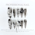 Chinesische Ink-Wash Press-On-Nägel mit 3D-Metalldrache und Yin-Yang-Stiletto-Design - Extra Klein (XS) / Schwarz & Weiß Bagua