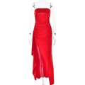 Detail of red off-shoulder gown with pleated texture and high slit on a mannequin - L / Red