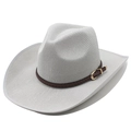 Light gray woven western cowboy hat with wide brim and decorative brown leather belt - M (56-58cm) / Gray