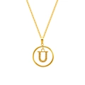 Gold titanium steel necklace featuring a zircon-inlaid letter U round pendant charm - Letter U (S-N051-U)
