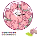 DIY 5D diamond painting clock kit featuring cartoon white rabbit and pink tulips - Tulip Rabbit