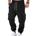 Detail of men's black fleece cargo joggers with white drawstring and side pockets - S / Black