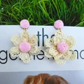 Handmade raffia flower earrings in pink and beige woven petals for women - Pink Patchwork Woven Flower Earrings