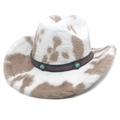 Plush western cowboy hat with cow print pattern and turquoise beaded leather band decoration - M (56-58cm) / Straight Crown Khaki