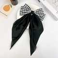 Plaid and black satin oversized bow hair clip with long ribbons for hair styling - Small Checkerboard Black