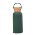 Detail of a dark green matte vacuum flask featuring a natural bamboo wood lid and handle - Moss Green