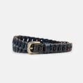 Braided vintage leather belt for women in navy blue with antique bronze metal buckle - Blue / 105cm