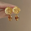 Gold hollow flower earrings with brown marble textured resin oval pendants - Flower Oval Drops (48#) / Gold Brown
