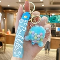 Blue liquid-filled bear keychain with colorful beads and matching Bubble silicone strap - Turtle Color Bead - Blue