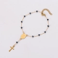 Detail of gold stainless steel rosary bracelet with black beads, cross, and oval medal - 17+3cm / Royal Blue