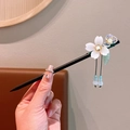 Traditional black wood hair stick with white flowers and blue beaded tassels for women - Flower Brocade Wood