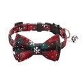 British style red and green plaid cat collar with bowtie and bell for small pets - Width 1.0cm, Adjustable 18-28cm / Christmas Red Dark Green Snowflake