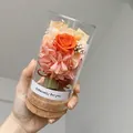 Preserved orange rose in mini glass dome with cork base and pink hydrangea bouquet - Ginger Yellow Wishing Bottle / 6.5*12.5cm