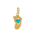 Golden footprint pendant with blue heart gemstone inlay on polished stainless steel base - Blue Foot