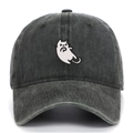 Close-up of detailed white cat embroidery on washed vintage charcoal cotton baseball cap - Army Green