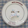 White sequined deer Christmas ornament 7x8cm on decorative ceramic plate - Reindeer-02 (1pc)