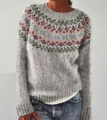 Detail of round neckline with floral and leaf pattern on a grey knit sweater - S / Tops / Green Leaf