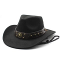 Détail du chapeau de cowboy noir avec bande en cuir cloutée et cordelette de serrage - M(56-58cm) / Noir