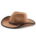 Brown western cowboy fedora hat with bull head belt buckle and stitched brim detail - Khaki (Black Edge)