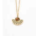 Detailed view of fan-shaped stainless steel pendant with round brown natural stone inlay - Fan Brown