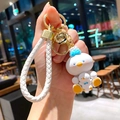 Cute white duck resin keychain with white braided wrist strap and gold metal bell - Single Piece / Duck