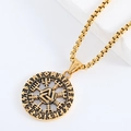 Macro shot of gold Valknut pendant necklace with Nordic runes on polished box chain - Antique Gold With 60cm Chain