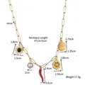 Collar de cadena de clips dorada con varios dijes y especificaciones de dimensiones - Serie Girasol (Girasol/Perla/Placa)