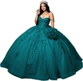 Elegant dark green ball gown with floral embroidery and voluminous tulle skirt - XS / Aqua