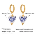 Detail view of gold heart earrings with blue enamel porcelain pattern and size metrics - Porcelain Heart Hoop (YYE025203)