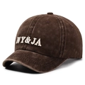 Vintage washed cotton baseball cap in dark coffee brown with NY and JA embroidery - Adjustable / Coffee