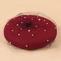 Elegant wine red wool beret featuring white pearls and a delicate black mesh veil - M (56-58cm) / Burgundy