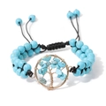Detail of turquoise beaded bracelet featuring wire-wrapped tree of life charm and drawstring - FA0155-Turquoise