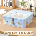 Blue tin storage box with fox and crow illustration, including metal lock and key - Large - Fox and Crow