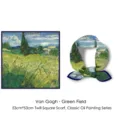 Detail of 53cm Van Gogh oil painting print silk scarf showing full flat layout and knot - Van Gogh Green Field 1889 / 53cm x 53cm