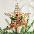Golden glitter star tree topper with festive red ribbon bow and green pine needle accents - Gold Glitter Tree Topper Star (Style K)