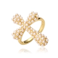 Detailed view of a gold cross ring featuring pavé set pearls with professional reflections - Cross Style (Ring) / Gold