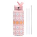 Borraccia termica 1L rosa in acciaio con margherite, tappo con cannuccia e kit di pulizia - Rosa Chiaro 11D