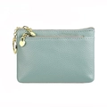 Compact light teal lychee leather coin purse with heart pendant and gold key ring - Sky Blue