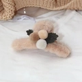 Close-up of plush cherry hair claw clip in beige with colorful fuzzy balls and green leaves - Plush Ball Claw Clip / Brown