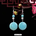 Bohemian retro turquoise teardrop earrings with silver flower detail, 4x2cm size - 7-Small Flower Round Turquoise