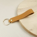 Minimalist camel brown leather keychain strap with premium gold round metal ring - No.14 Bronze