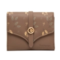 Detail of brown PU leather wallet with leaf print and golden leaf metal buckle - Brown