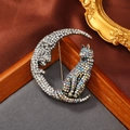 Detailed view of crescent moon and cat brooch with sparkling rhinestones on silk - Moon and Cat
