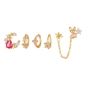 Gold moon and star earring set with red teardrop stone and pink butterfly dangles - TZ00128 Gold - Red Moon Flower Butterfly 5-Piece Set
