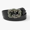 Retro punk black leather belt with heart rhinestone buckle and embossed star patterns - 120cm / Black