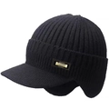 Winter thermal knit baseball cap with ear flaps and classic fashion metal logo - Thick Double Layer Earflap Hat (Non-fleece) / Black