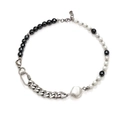 Hip hop pearl and hematite beaded necklace with heart pendant and silver carabiner - Spliced Necklace (Chain Length Approx. 44cm)