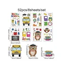 Cartoon Back to School wall sticker set with school bus and owls, 52pcs 8 sheet pack - Back to School Theme (Set of 8 Sheets) / 20*30cm