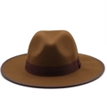 Close-up of brown wool fedora with dark ribbon trim and high-quality leather bound edges - M (56-58cm) / Jazz Fedora (JXF-485277) / Coffee
